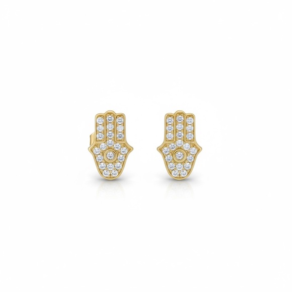 new Pave Cubic Zirconia Hamsa Stud Earrings ❃ 14KT Gold Plated Sterling Silver ❃ - Picture 3 of 16